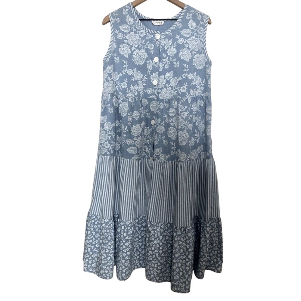 Vintage 80s 90s Appel Soft Denim Tier Button Blue White Floral Jean Midi Dress